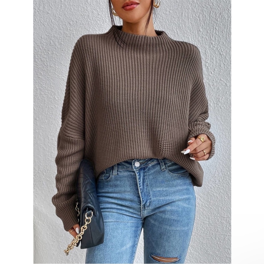 Casual Oversized Mock Neck Ribbed Knit Batwing Sleeve Sweater brown - Picture 3 of 6